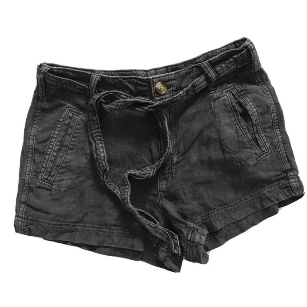 American Eagle Outfitters AEO High Rise Linen Blend Shorts 4 Tie Belted Charcoal
